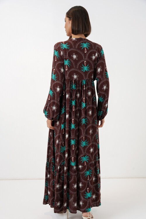 Kadın Desenli Tesettür Elbise 2594 - Kahverengi