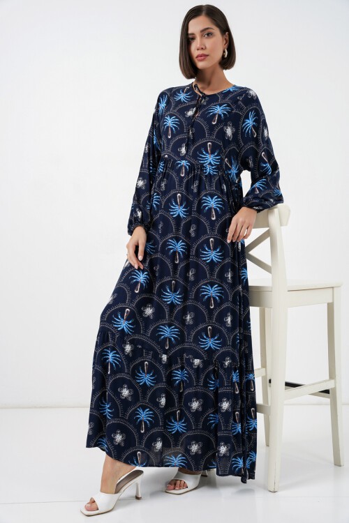 Kadın Desenli Tesettür Elbise 2594 - Lacivert