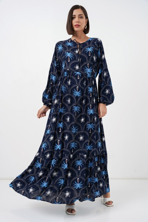 Kadın Desenli Tesettür Elbise 2594 - Lacivert