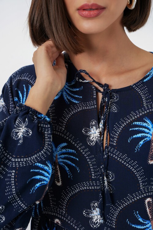 Kadın Desenli Tesettür Elbise 2594 - Lacivert