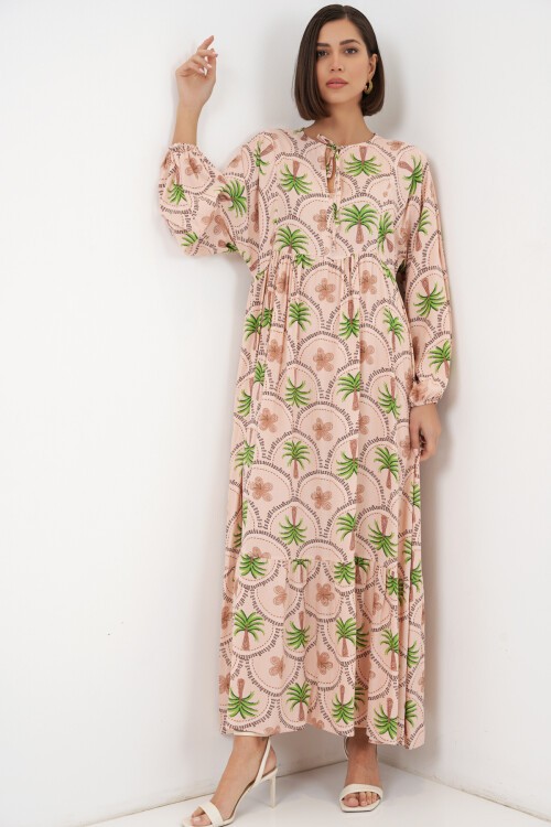 Kadın Desenli Tesettür Elbise 2594 - Pudra