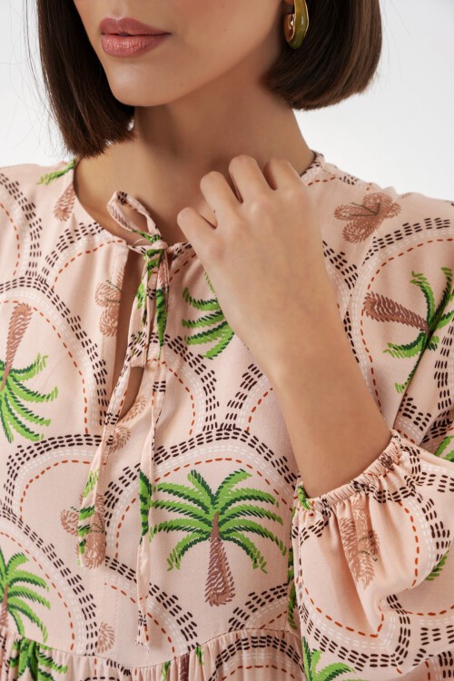 Kadın Desenli Tesettür Elbise 2594 - Pudra