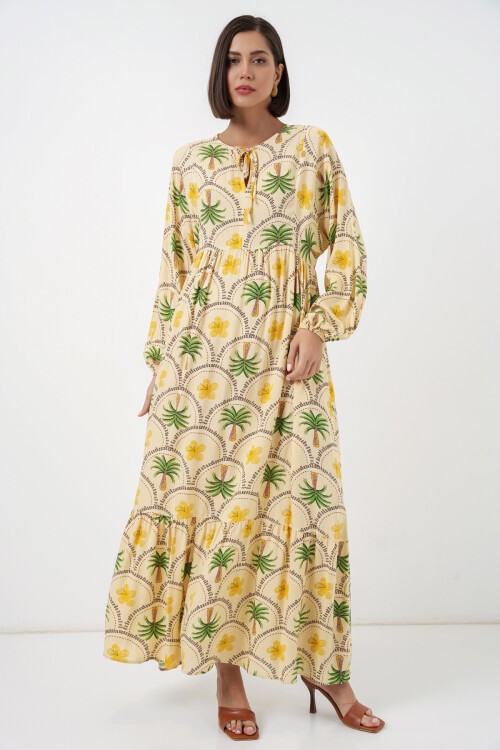 Kadın Desenli Tesettür Elbise 2594 - Sarı