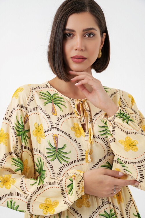 Kadın Desenli Tesettür Elbise 2594 - Sarı