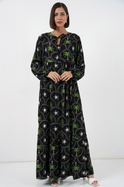 Kadın Desenli Tesettür Elbise 2594 - Siyah