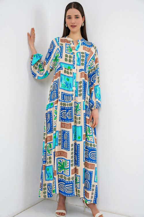 Kadın Desenli Uzun Tesettür Elbise 2585 - A. Turkuaz