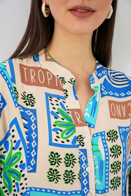 Kadın Desenli Uzun Tesettür Elbise 2585 - A. Turkuaz