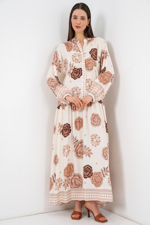 Kadın Desenli Uzun Tesettür Elbise 2585 - A.Bej