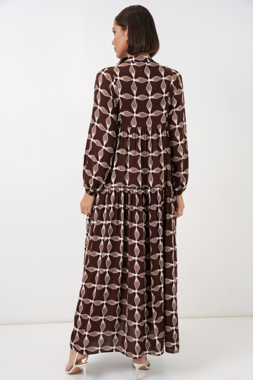 Kadın Desenli Uzun Tesettür Elbise 2585 - A.Kahve
