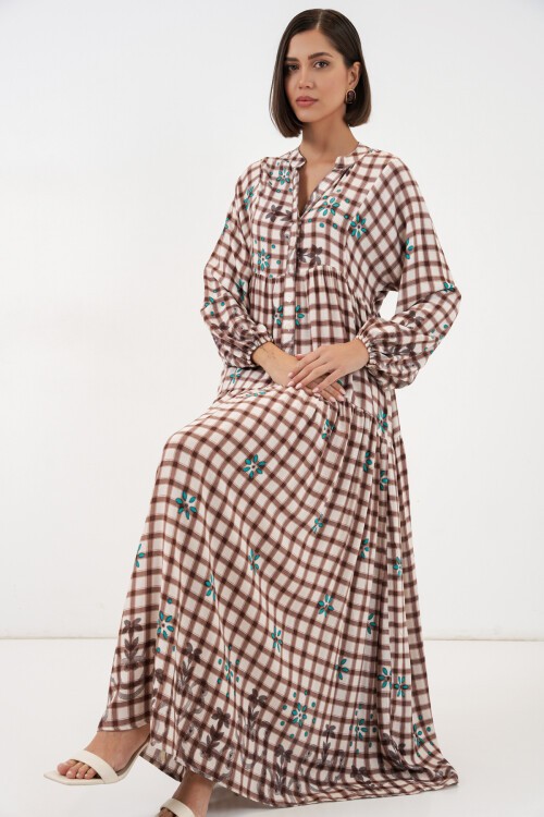 Kadın Desenli Uzun Tesettür Elbise 2585 - A.Taba