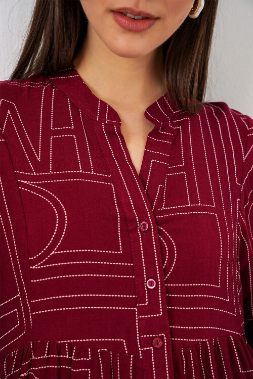 Kadın Desenli Uzun Tesettür Elbise 2585 - B. Bordo