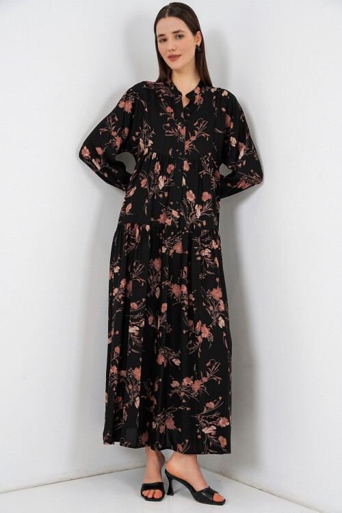 Kadın Desenli Uzun Tesettür Elbise 2585 - B. Siyah