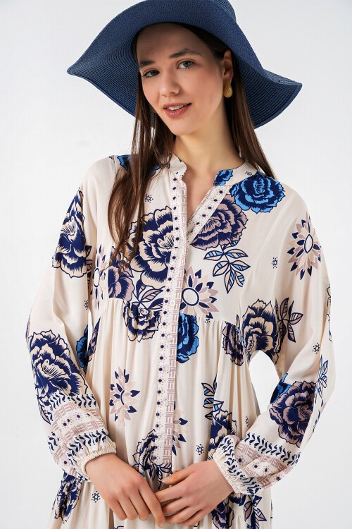 Kadın Desenli Uzun Tesettür Elbise 2585 - B.Lacivert