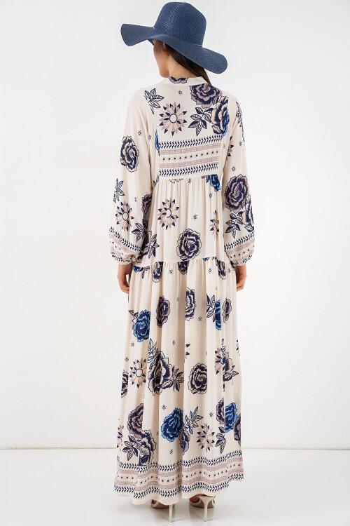 Kadın Desenli Uzun Tesettür Elbise 2585 - B.Lacivert