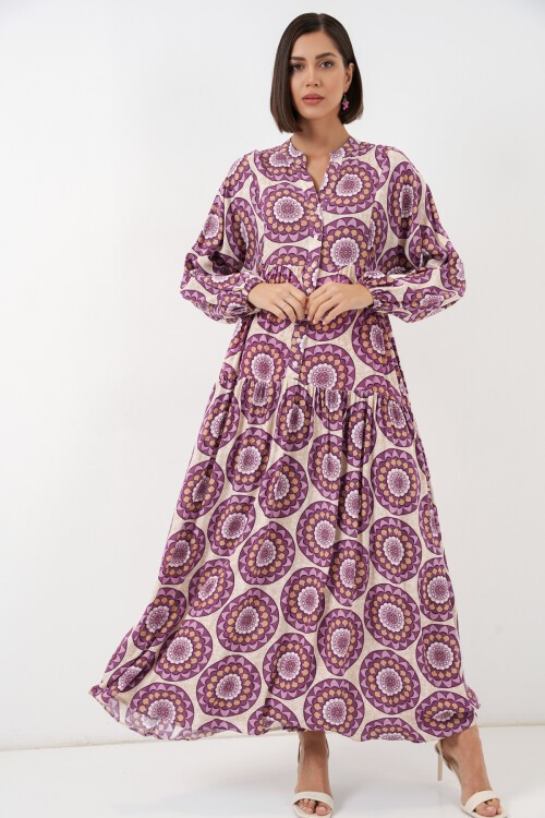 Kadın Desenli Uzun Tesettür Elbise 2585 - B.Lila