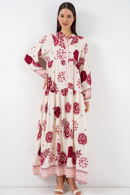 Kadın Desenli Uzun Tesettür Elbise 2585 - Bordo 1