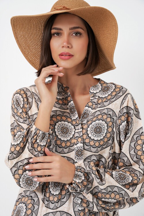 Kadın Desenli Uzun Tesettür Elbise 2585 - C. Bej