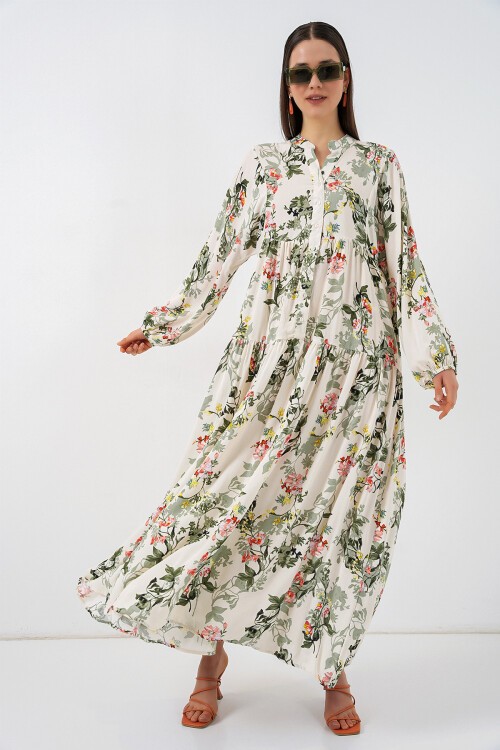 Kadın Desenli Uzun Tesettür Elbise 2585 - C. Çağla