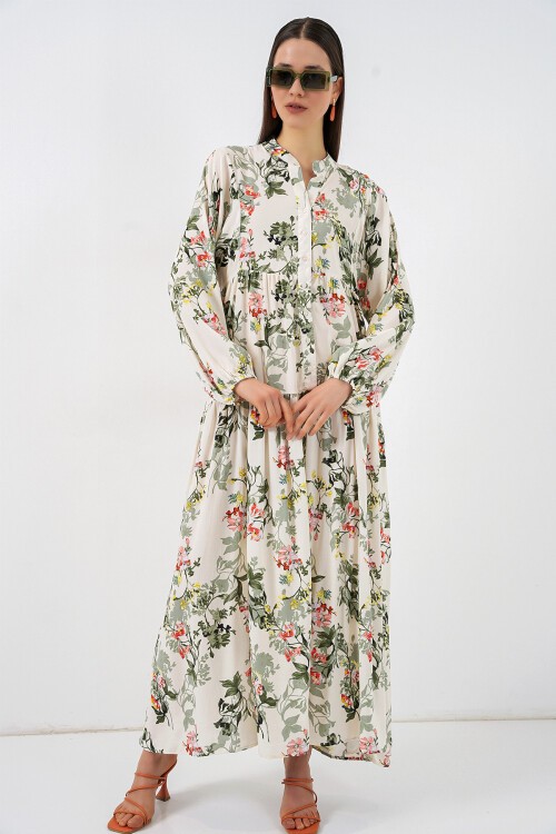 Kadın Desenli Uzun Tesettür Elbise 2585 - C. Çağla