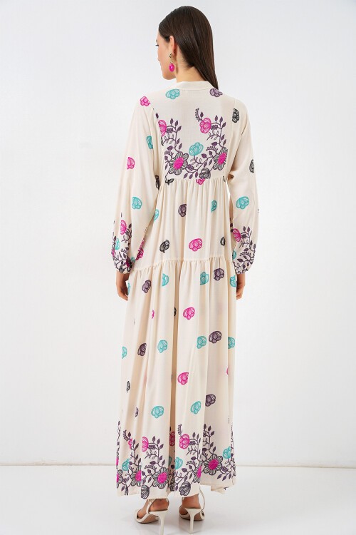 Kadın Desenli Uzun Tesettür Elbise 2585 - C. Fuşya