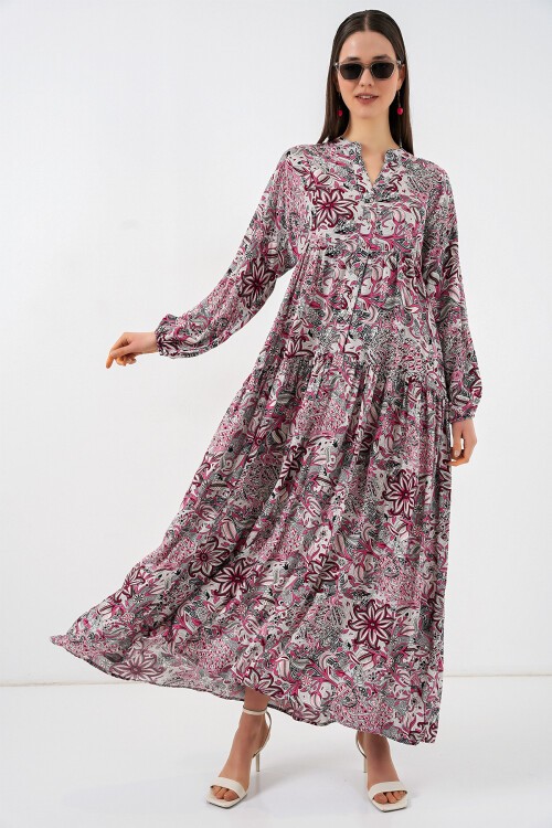 Kadın Desenli Uzun Tesettür Elbise 2585 - C.Gri