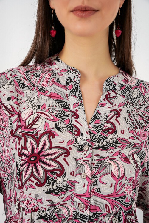 Kadın Desenli Uzun Tesettür Elbise 2585 - C.Gri