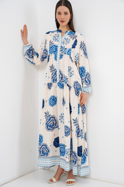 Kadın Desenli Uzun Tesettür Elbise 2585 - C.Saks