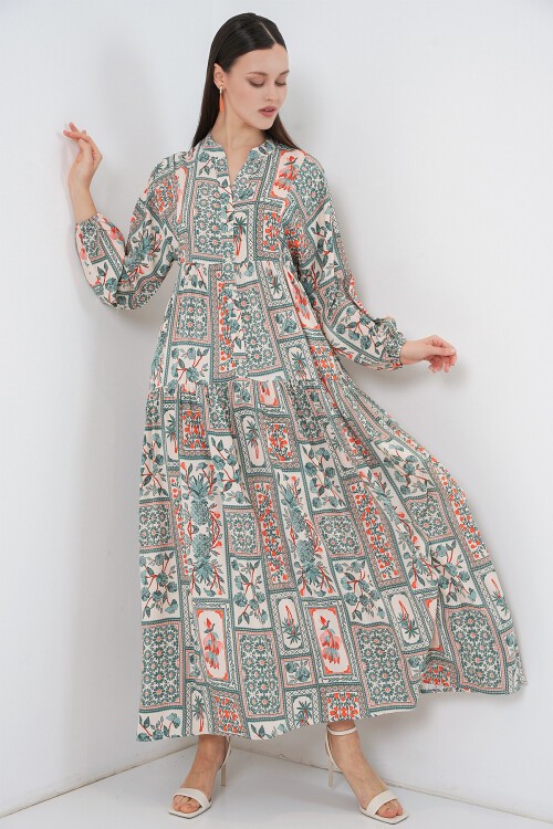 Kadın Desenli Uzun Tesettür Elbise 2585 - Çağla