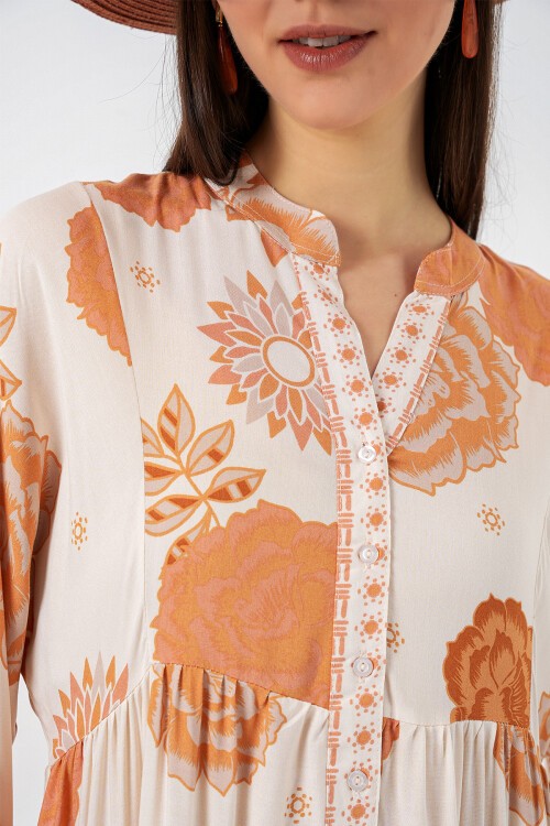 Kadın Desenli Uzun Tesettür Elbise 2585 - D. Turuncu