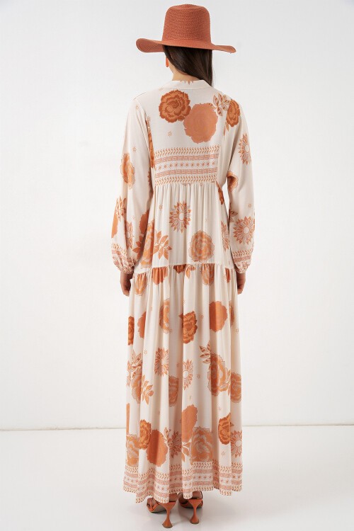 Kadın Desenli Uzun Tesettür Elbise 2585 - D. Turuncu