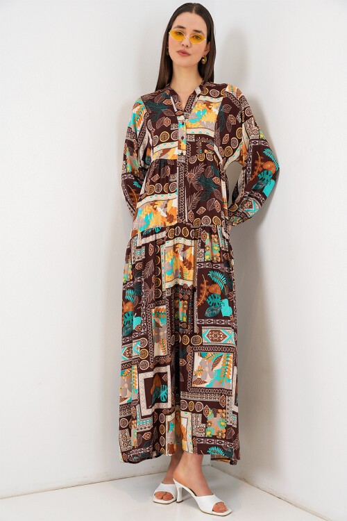 Kadın Desenli Uzun Tesettür Elbise 2585 - D.Kahve