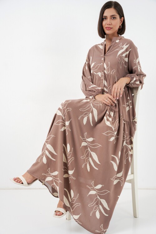 Kadın Desenli Uzun Tesettür Elbise 2585 - D.Vizon