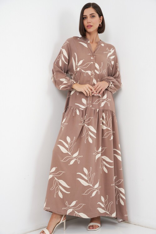 Kadın Desenli Uzun Tesettür Elbise 2585 - D.Vizon