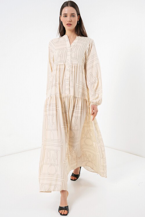 Kadın Desenli Uzun Tesettür Elbise 2585 - Düz Krem