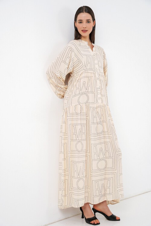 Kadın Desenli Uzun Tesettür Elbise 2585 - Düz Krem