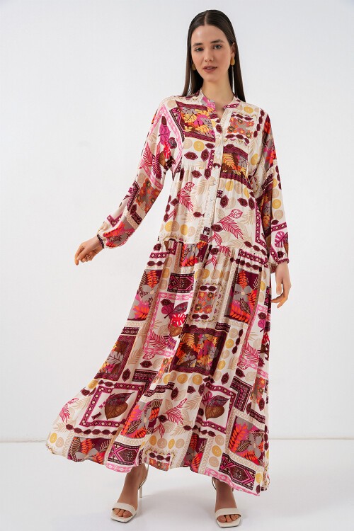 Kadın Desenli Uzun Tesettür Elbise 2585 - E. Turuncu