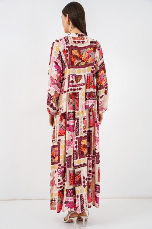 Kadın Desenli Uzun Tesettür Elbise 2585 - E. Turuncu