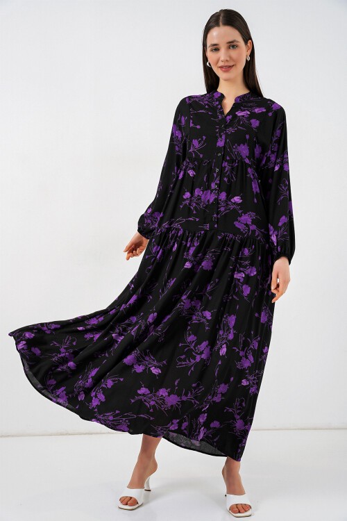 Kadın Desenli Uzun Tesettür Elbise 2585 - E.Siyah