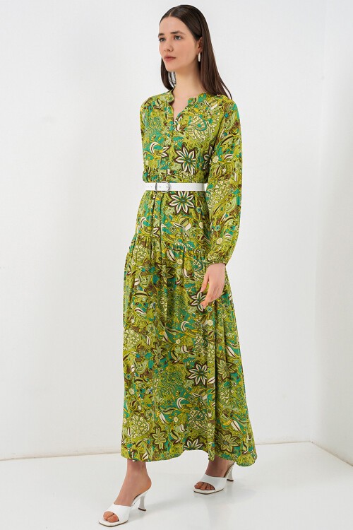 Kadın Desenli Uzun Tesettür Elbise 2585 - G.Yeşil