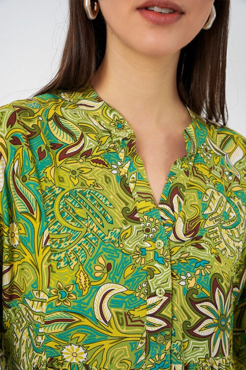 Kadın Desenli Uzun Tesettür Elbise 2585 - G.Yeşil