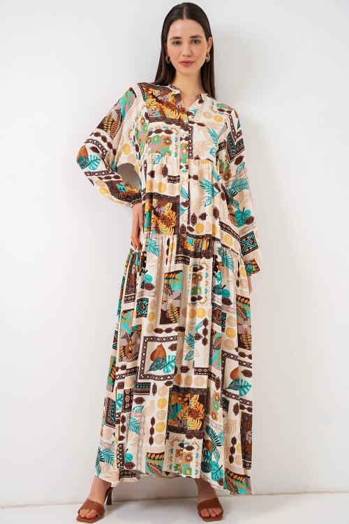 Kadın Desenli Uzun Tesettür Elbise 2585 - H. Kahverengi