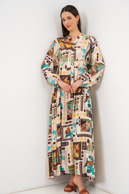 Kadın Desenli Uzun Tesettür Elbise 2585 - H. Kahverengi