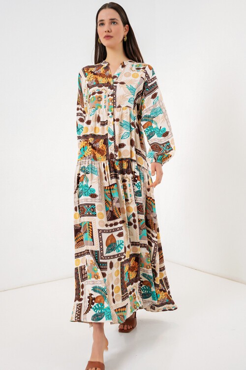 Kadın Desenli Uzun Tesettür Elbise 2585 - H. Kahverengi