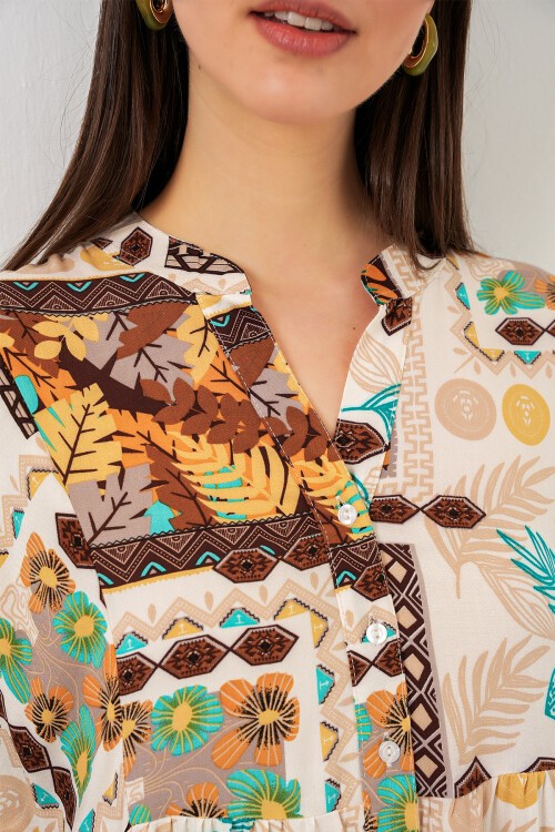 Kadın Desenli Uzun Tesettür Elbise 2585 - H. Kahverengi