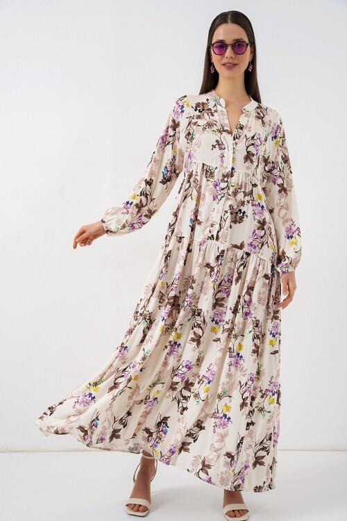 Kadın Desenli Uzun Tesettür Elbise 2585 - I. Kahverengi