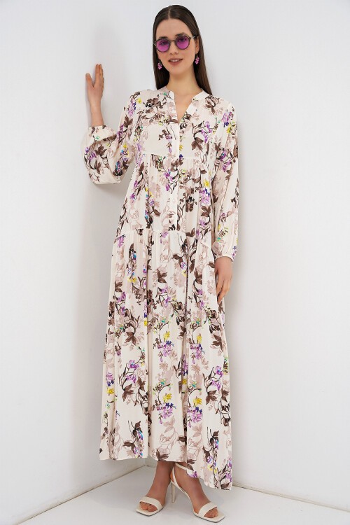 Kadın Desenli Uzun Tesettür Elbise 2585 - I. Kahverengi