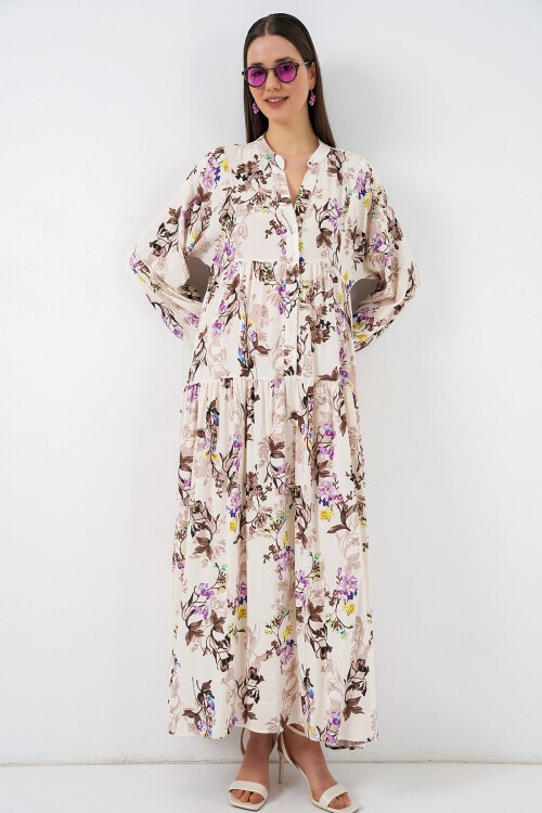 Kadın Desenli Uzun Tesettür Elbise 2585 - I. Kahverengi