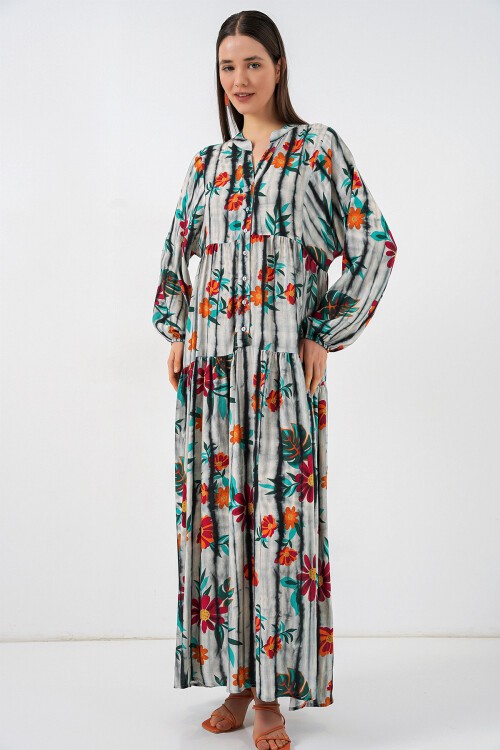 Kadın Desenli Uzun Tesettür Elbise 2585 - K. Antrasit