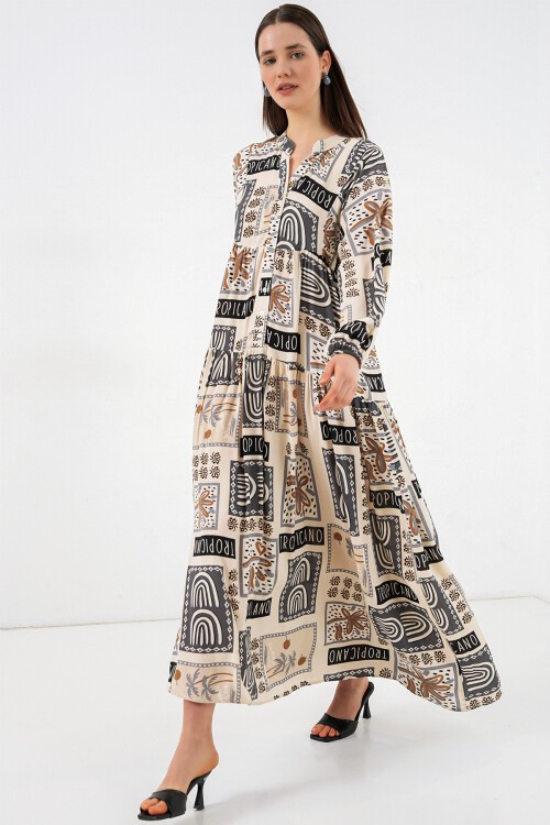 Kadın Desenli Uzun Tesettür Elbise 2585 - K. Bej