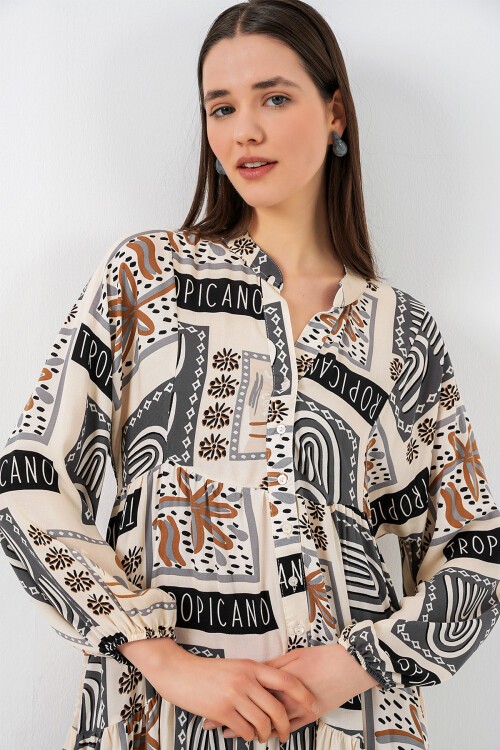 Kadın Desenli Uzun Tesettür Elbise 2585 - K. Bej